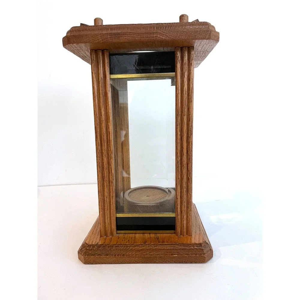 Vintage 80s Oak Wood Etched Glass Bird Lantern Tea Light Candle Holder Handmade